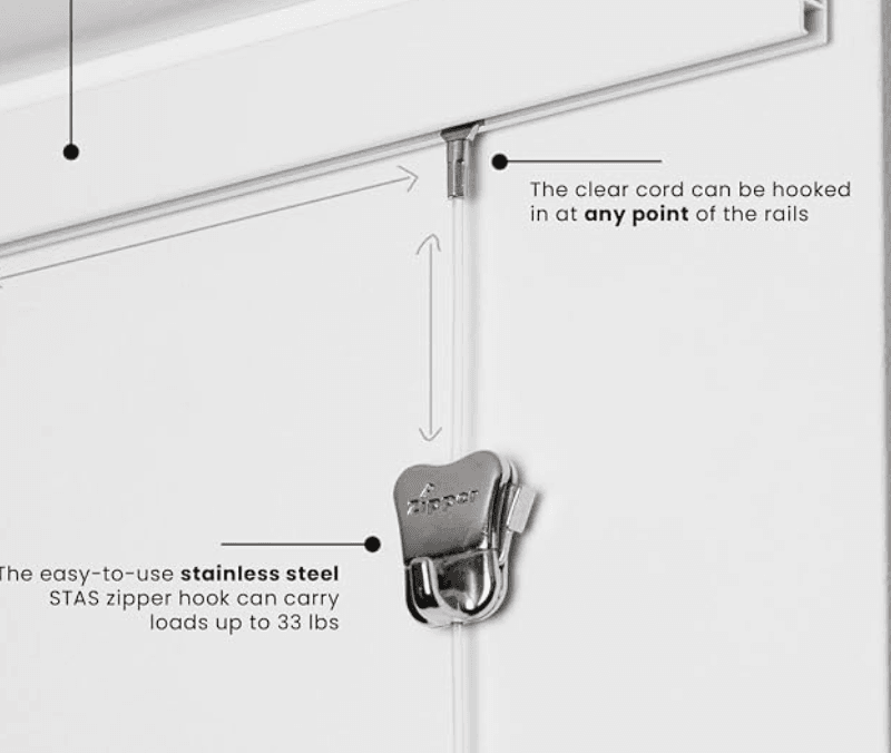 Picture rail system with clear hanging cord and stainless steel zipper hook