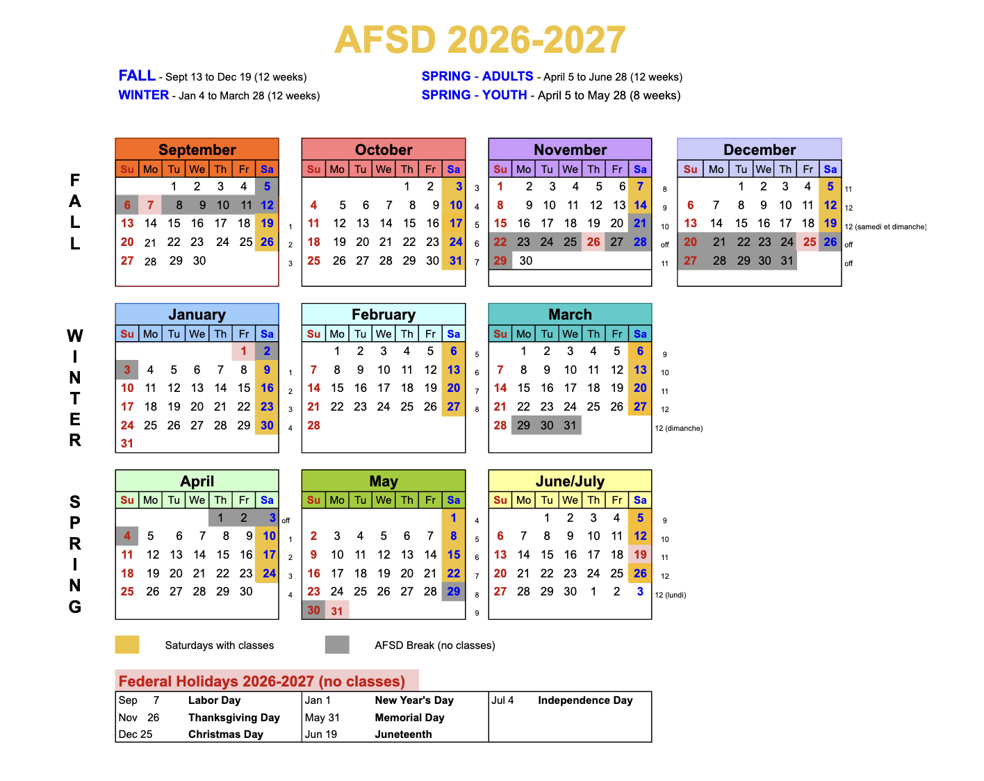 AFSD 2026-2027 school calendar showing Fall, Winter and Spring term dates, Saturdays with classes, AFSD breaks and federal holidays